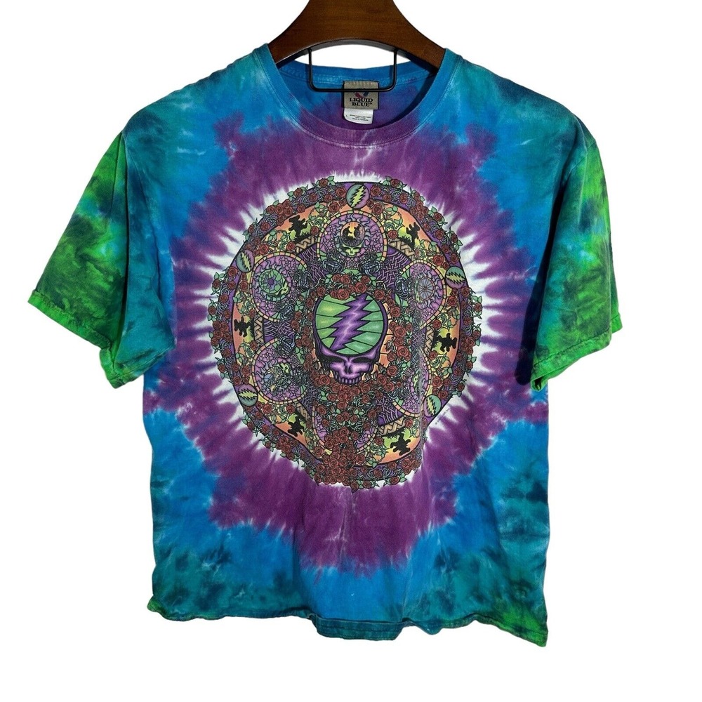 GRATEFUL‎ DEAD Vintage Liquid Blue Tie Dye Short Sleeve Green Blue Purple Large